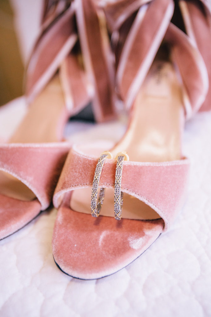 pink velvet wedding shoes and crystal earrings