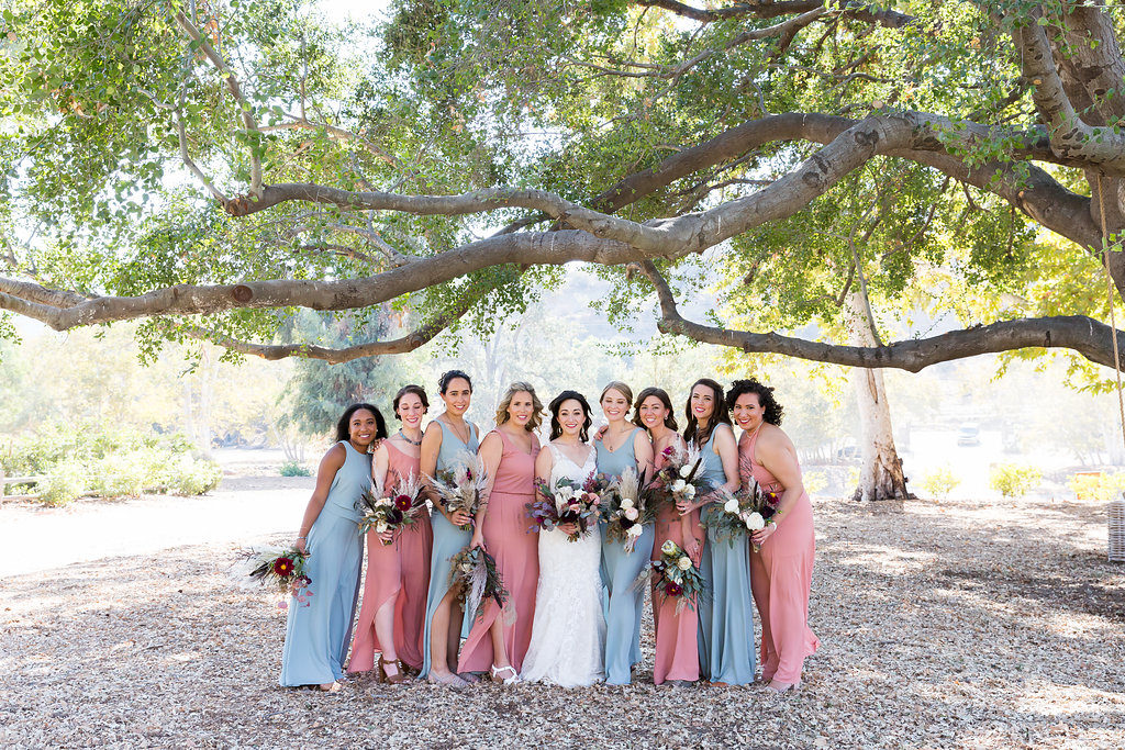 Show Me Your Mumu pink and blue bridesmaids dresses