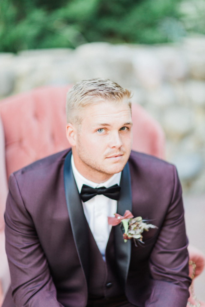 3 Ways to get the groom ready for his wedding day, Friar Tux Burgundy Suit Fall Wedding at Rancho Las Lomas Groom portrait