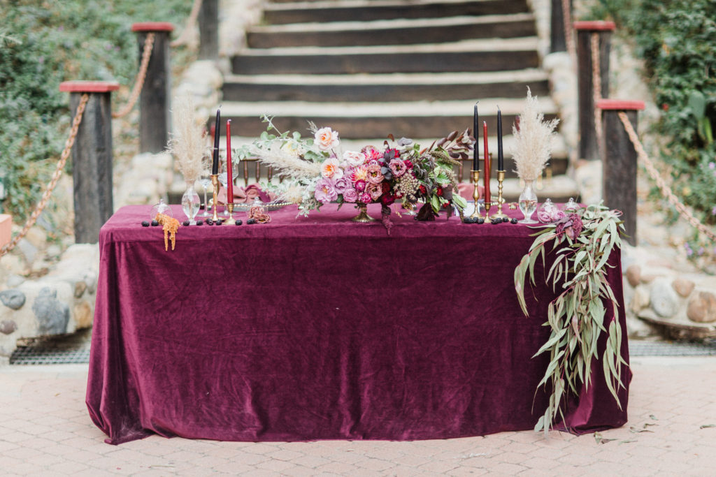 Sweetheart Table with velvet linens from La Tavola burgundy color at Rancho Las Lomas
