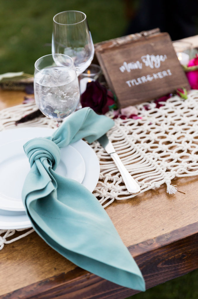 macrame wedding runners with knotted napkin fold