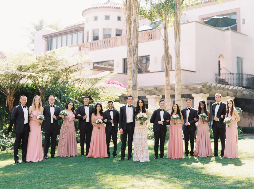 Butterfly Lane Estate wedding in Montecito/Santa Barbara pink bridesmaids dresses and black tuxes for groomsmen