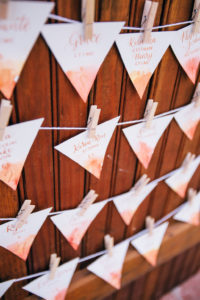 Rustic escort board with pink, orange, coral, and yellow hand lettered names