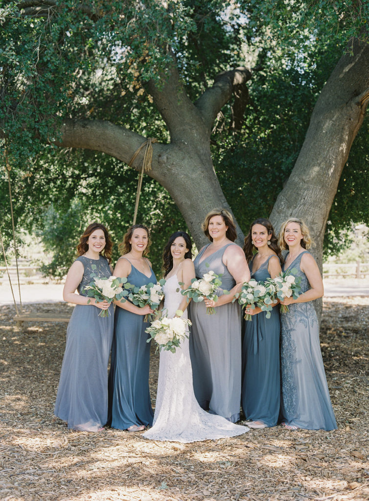Grey and blue bridesmaids dresses at Triunfo Creek Vineyards