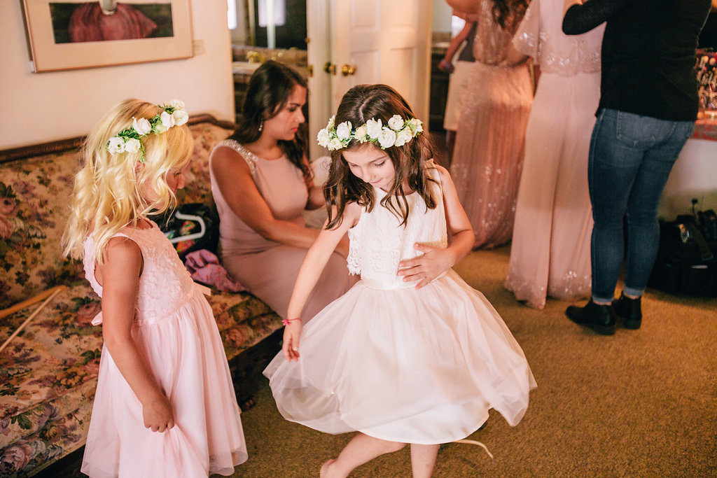 pink flower girl dress with white rose flower crown