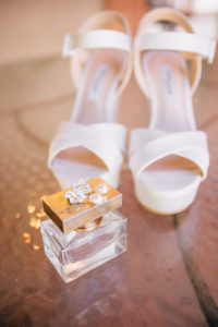 bridal details, white wedding shoes, signature perfume