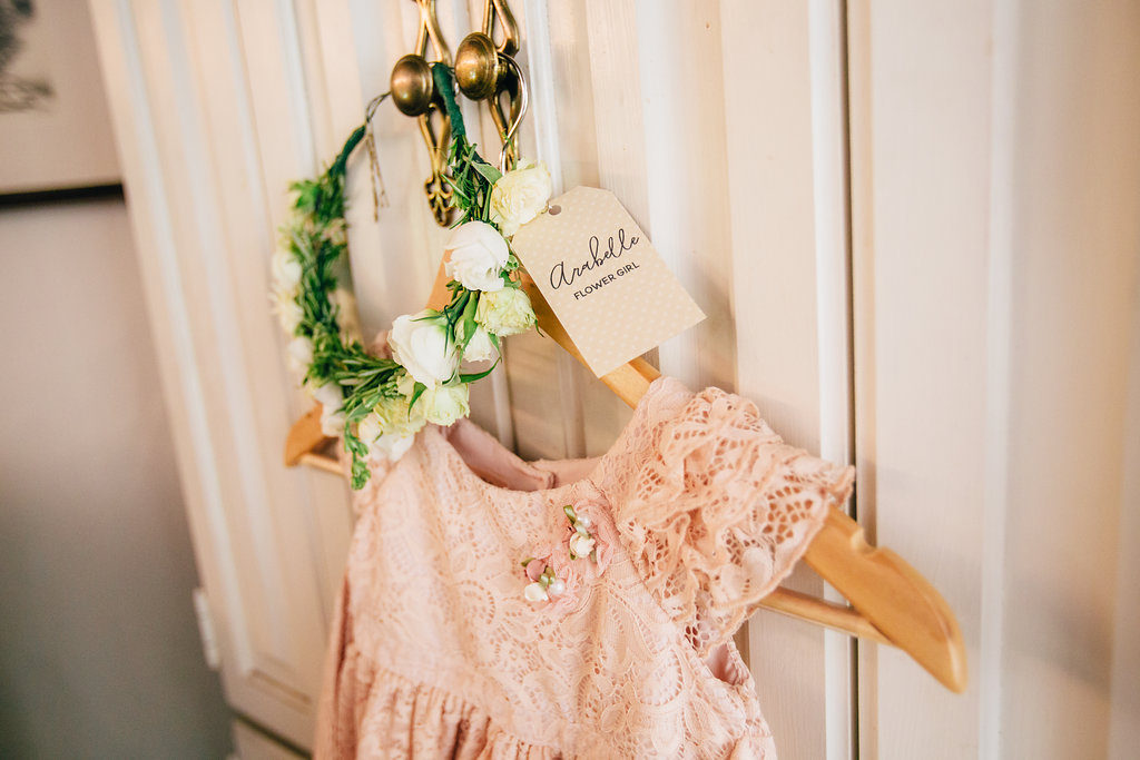 pink flower girl dress with white rose flower crown