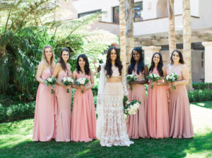 Butterfly Lane Estate wedding, pink mix match bridesmaid dresses, Indian wedding, white wedding sari, wedding saree