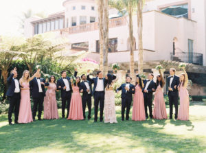 Butterfly Lane Estate wedding, wedding party, pink mix match bridesmaid dresses, navy groomsmen tuxedo, Indian wedding, white wedding sari