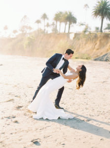 Sunset wedding photo, coastal beach wedding in Montecito