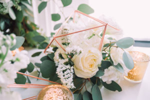 copper geometric flower vases, white wedding flowers