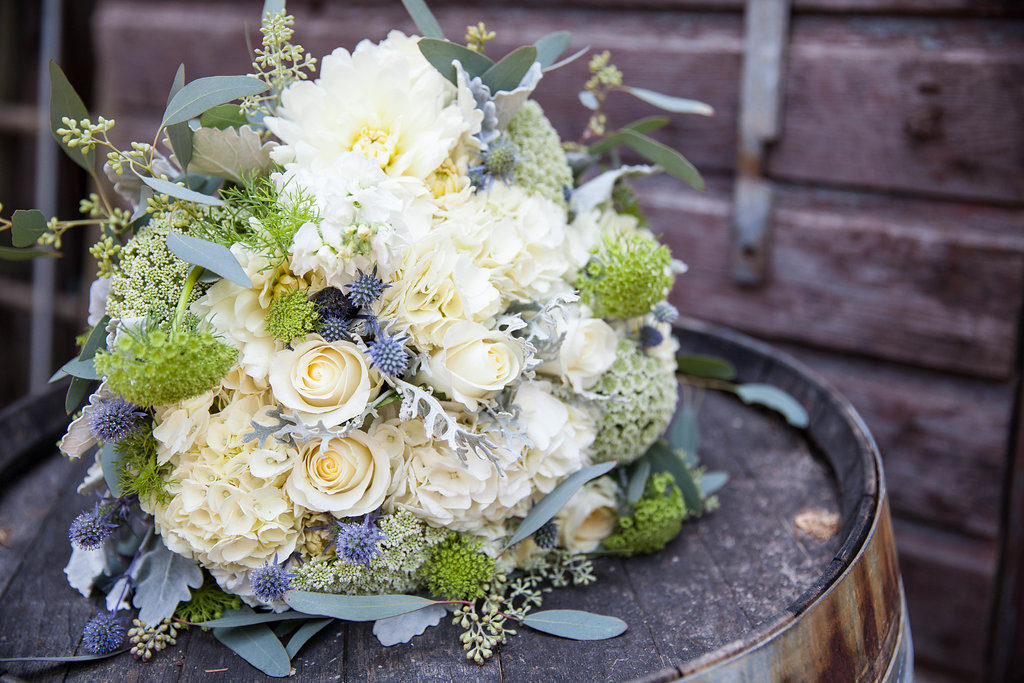 white blue and green bridal bouquet