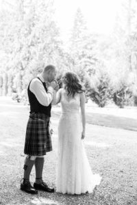 Green Gates at Flowing Lake wedding, celtic inspired wedding, traditional scottish groom kilt, tartan tie, white beaded wedding dress