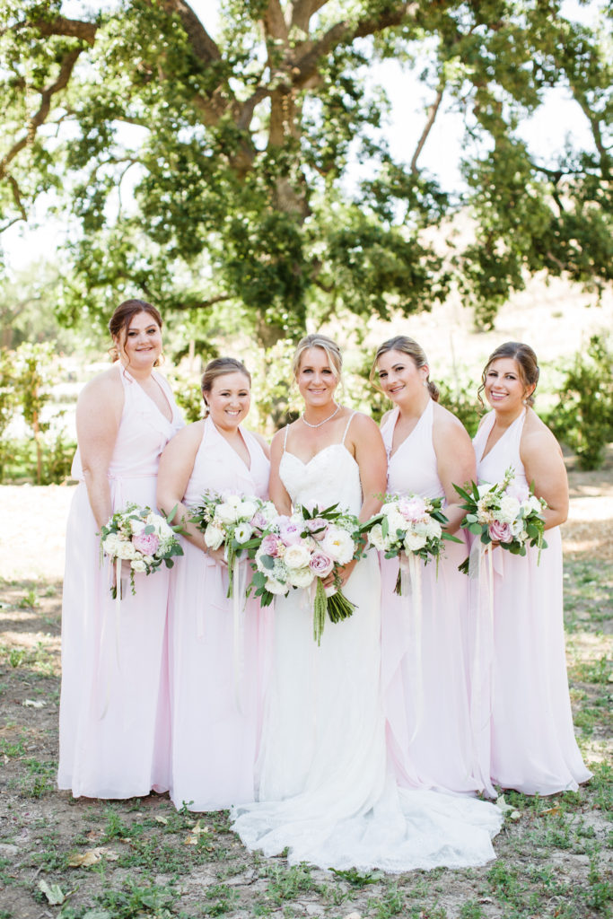Triunfo Creek Vineyards wedding, blush bridesmaid dresses and bouquets