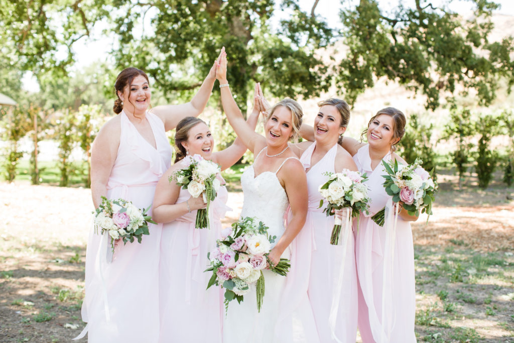 Triunfo Creek Vineyards wedding, blush bridesmaid dresses and bouquets