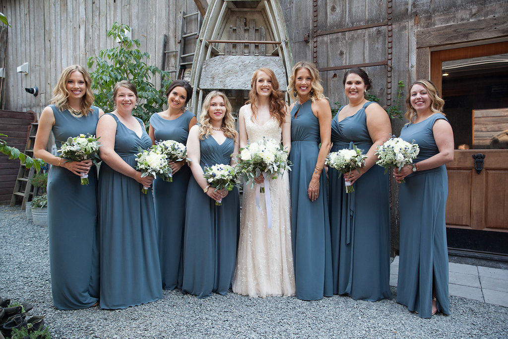 Green Gates at Flowing Lake wedding, blue bridesmaid dresses, blue and white bridal bouquet