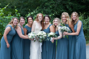 Green Gates at Flowing Lake wedding, blue bridesmaid dresses, blue and white bridal bouquet