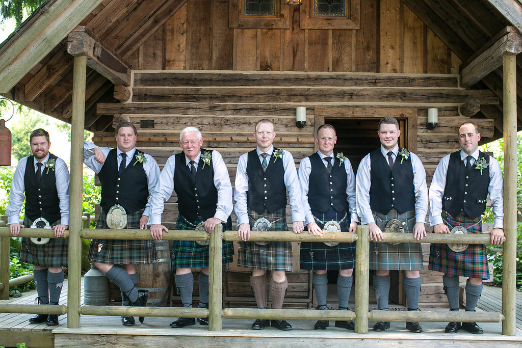 Green Gates at Flowing Lake wedding, celtic inspired wedding, traditional scottish groomsmen tartan kilt