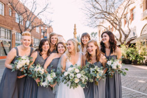 grey bridesmaid dresses, wedding party bouquet