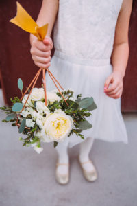 white flower girl dress, copper geometric flower girl vases