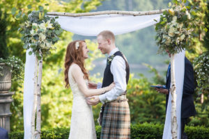 Green Gates at Flowing Lake wedding ceremony, celtic inspired wedding, traditional scottish tartan groomsemen kilt