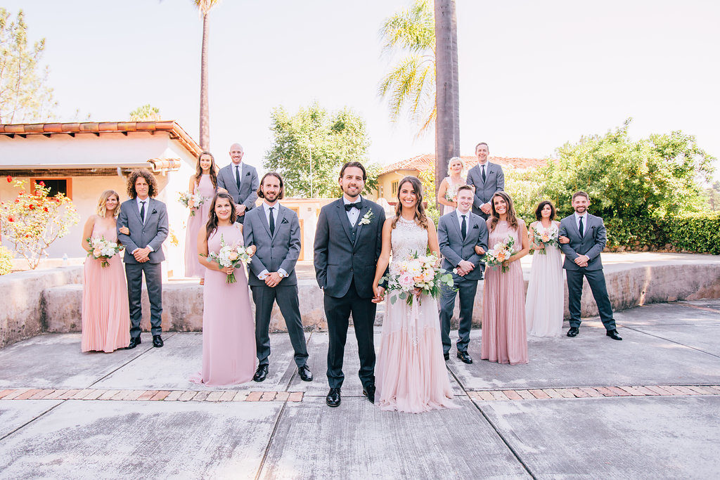 Rancho Buena Vista Adobe wedding, wedding party group photo, blush bridesmaid dress, gray groomsmen suit