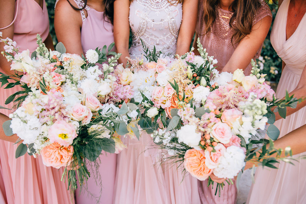 Rancho Buena Vista Adobe wedding, bridal party group photo, blush bridesmaid dress, pink orange and white bouquets
