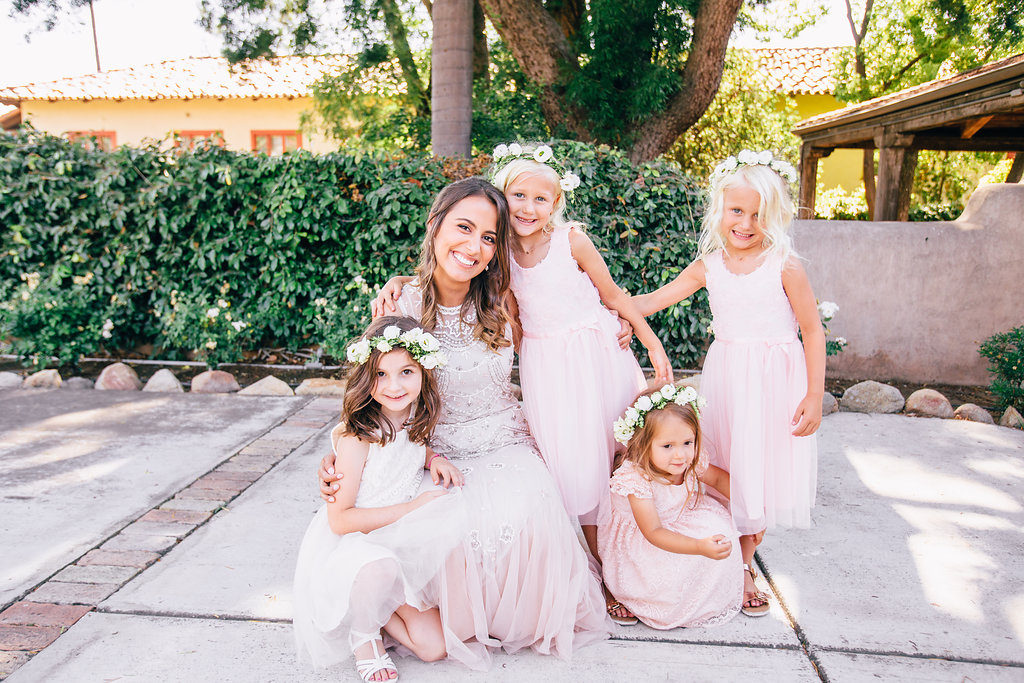 Rancho Buena Vista Adobe wedding, wedding party group photo, pink and blush flower girl dresses, white rose flower crowns