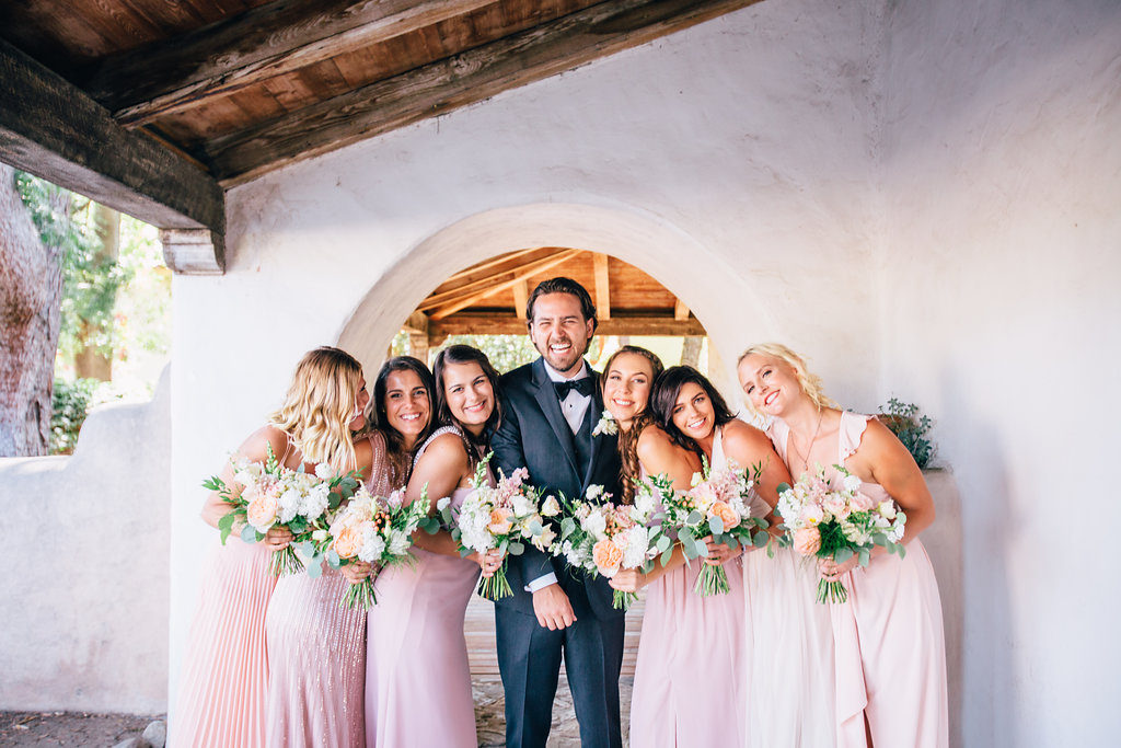 Rancho Buena Vista Adobe wedding, wedding party group photo, blush bridesmaid dresses