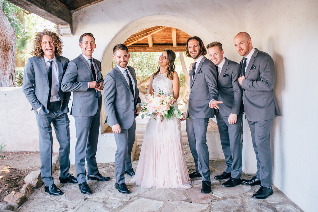Rancho Buena Vista Adobe wedding, wedding party group photo, gray groomsmen suit