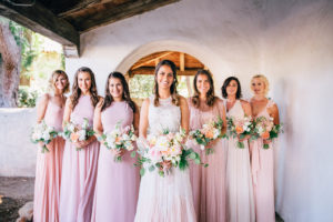 Rancho Buena Vista Adobe wedding, bridal party group photo, blush bridesmaid dress