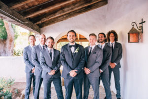 Rancho Buena Vista Adobe wedding, wedding party group photo, gray groomsmen suit