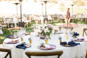 Triunfo Creek Vineyards wedding reception, blush and navy tablescape