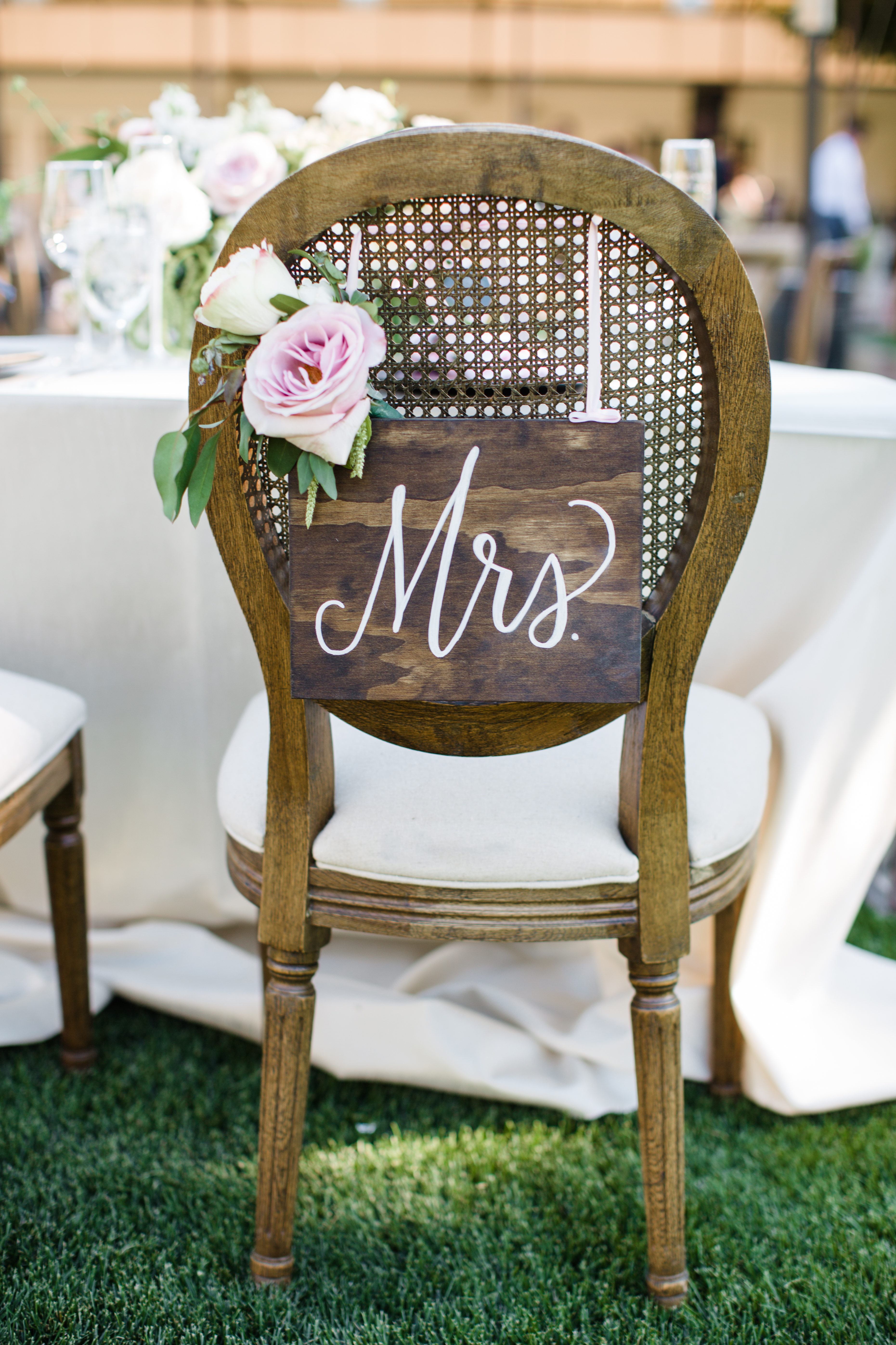 rustic mrs wedding chair sign with white calligraphy