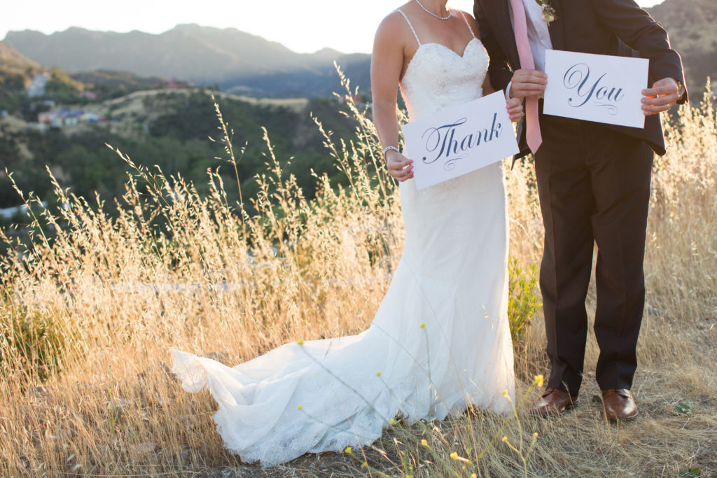 Triunfo Creek Vineyards wedding, bride and groom sunset photos with thank you note