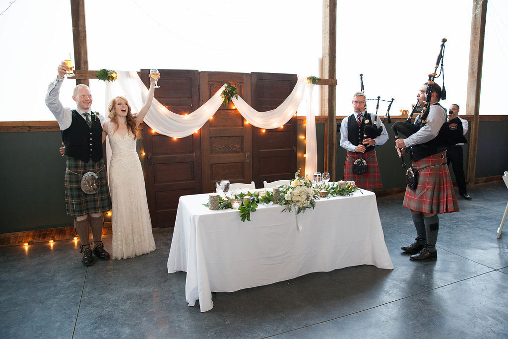 Green Gates at Flowing Lake wedding reception, celtic inspired wedding, traditional scottish tartan kilt, bag pipe parade