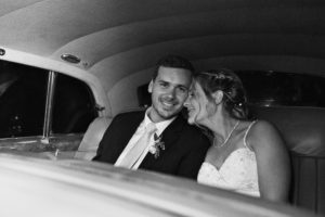 Triunfo Creek Vineyards wedding, bride and groom grand exit classic getaway car