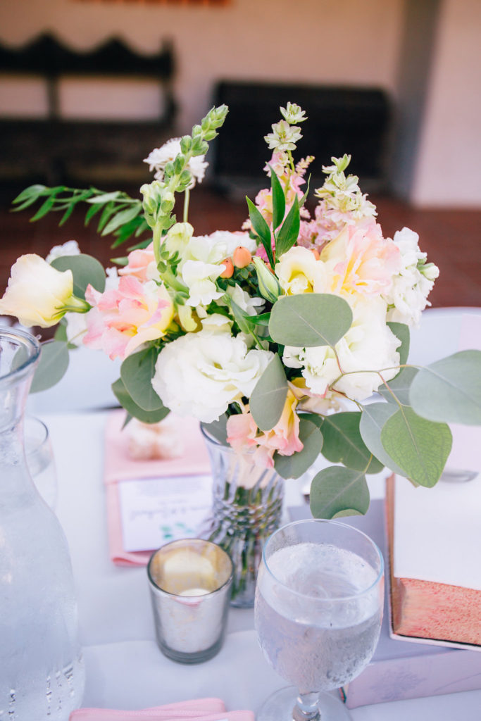 Rancho Buena Vista Adobe wedding reception, wildflower bud vases