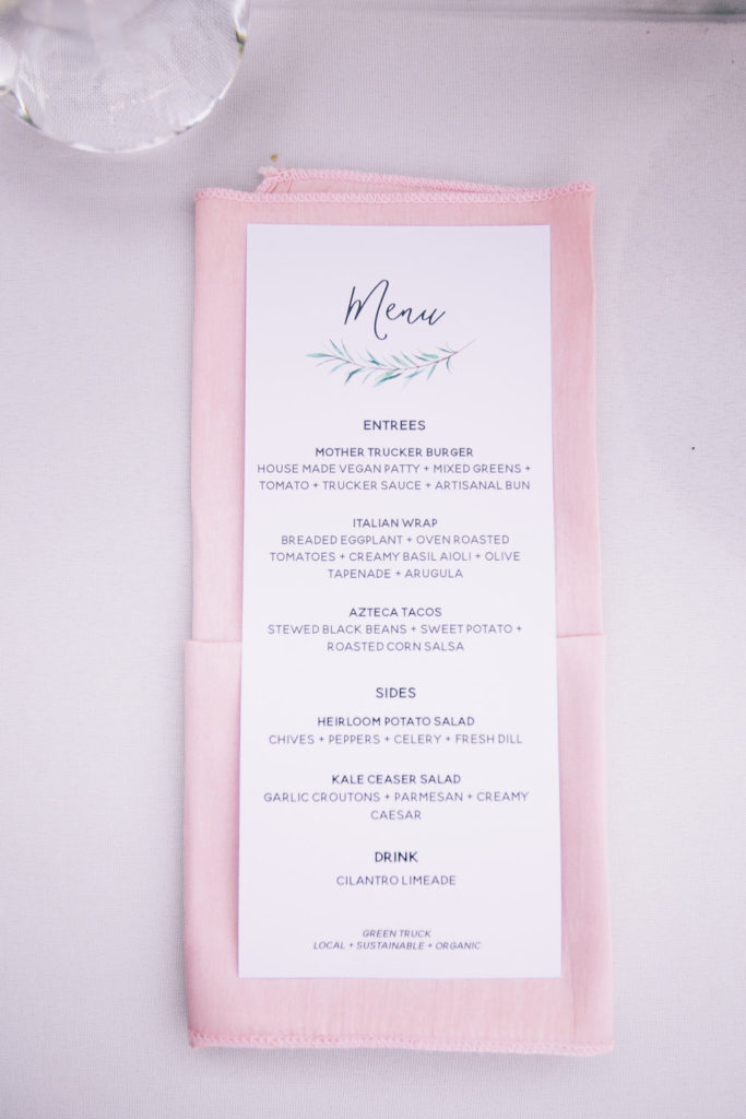 wedding menu card, blush napkin fold at wedding