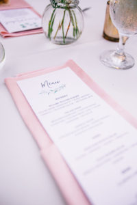 wedding menu card, blush napkin fold at wedding