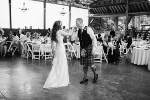 Green Gates at Flowing Lake wedding reception, wedding pie, celtic inspired wedding, white beaded wedding dress, traditional scottish groom tartan kilt, first dance