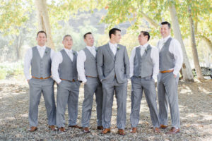 Triunfo Creek Vineyard, Grey groomsmen suits, brown belt