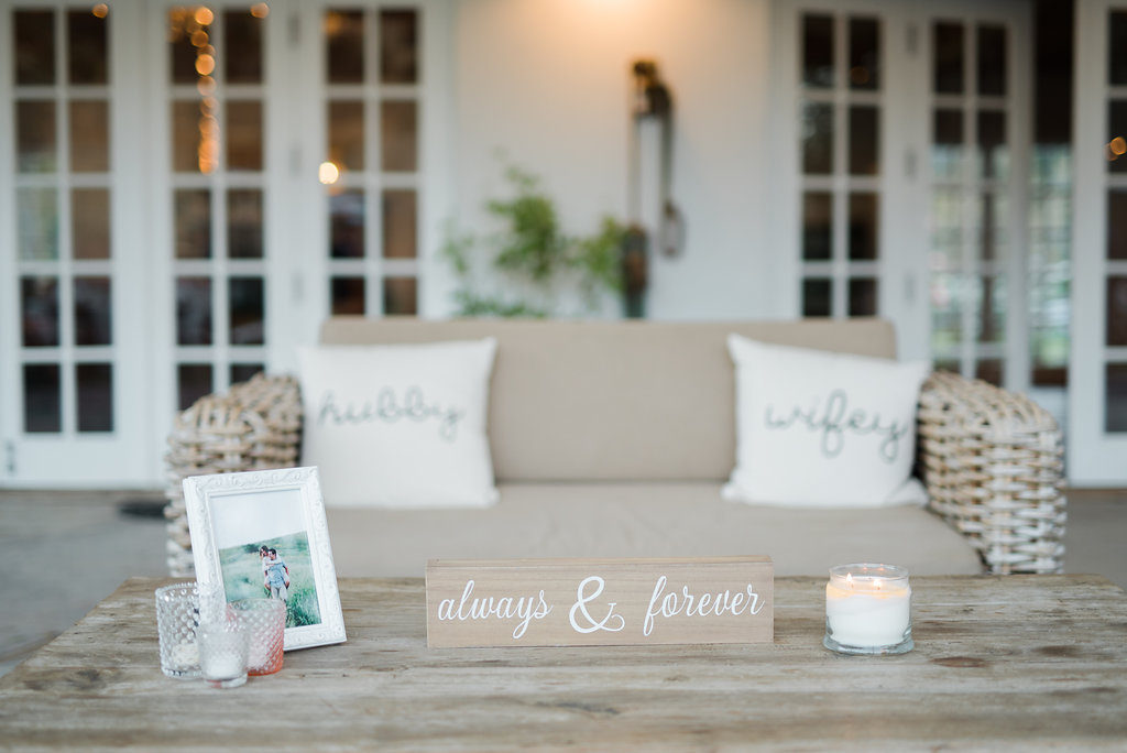 Triunfo creek vineyard wedding reception, lounge area, hubby and wifey pillows, always and forever sign
