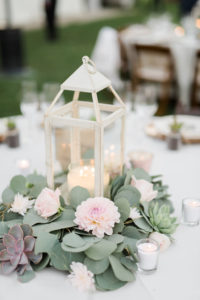 Triunfo creek vineyard wedding reception tables, lantern centerpiece