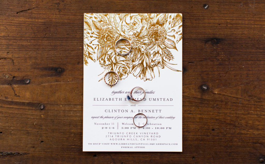 Royal Inspired Vineyard Wedding at Triunfo Creek Vineyards, gold foil wedding invitation, sapphire engagement ring