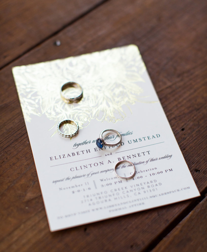 Royal Inspired Vineyard Wedding at Triunfo Creek Vineyards, gold foil wedding invitation, sapphire engagement ring