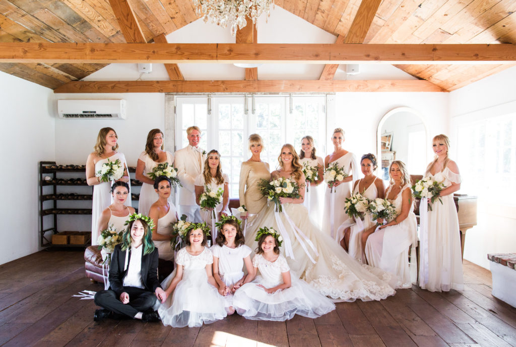 Royal Inspired Vineyard Wedding at Triunfo Creek Vineyards, white bridesmaid dresses, wedding party