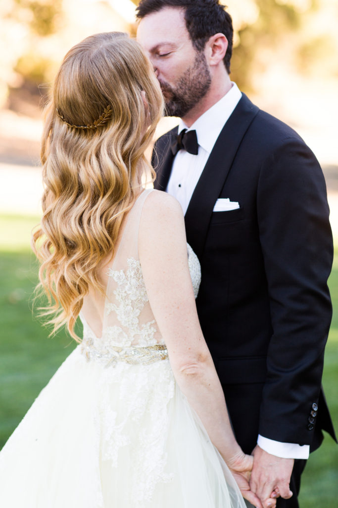 Royal Inspired Vineyard Wedding at Triunfo Creek Vineyards, first look, bridal hair with loose waves and gold hair accessory