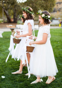 Royal Inspired Vineyard Wedding at Triunfo Creek Vineyards, flower girls in white dresses and floral crowns