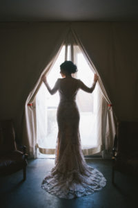 Wedding at the Ace Hotel in Palm Springs, low back, long sleeved wedding dress at Ace Hotel in Palm Springs wedding